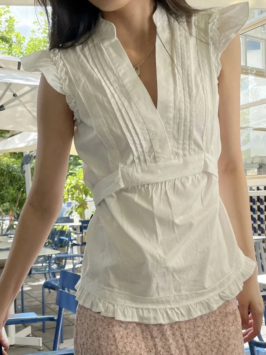 Fashion White Ruffles Chic V-neck T-shirts Women Sexy Lace-up Cute Casual Short Sleeve Tee Female Sweet Vintage Y2K Tops Clothes