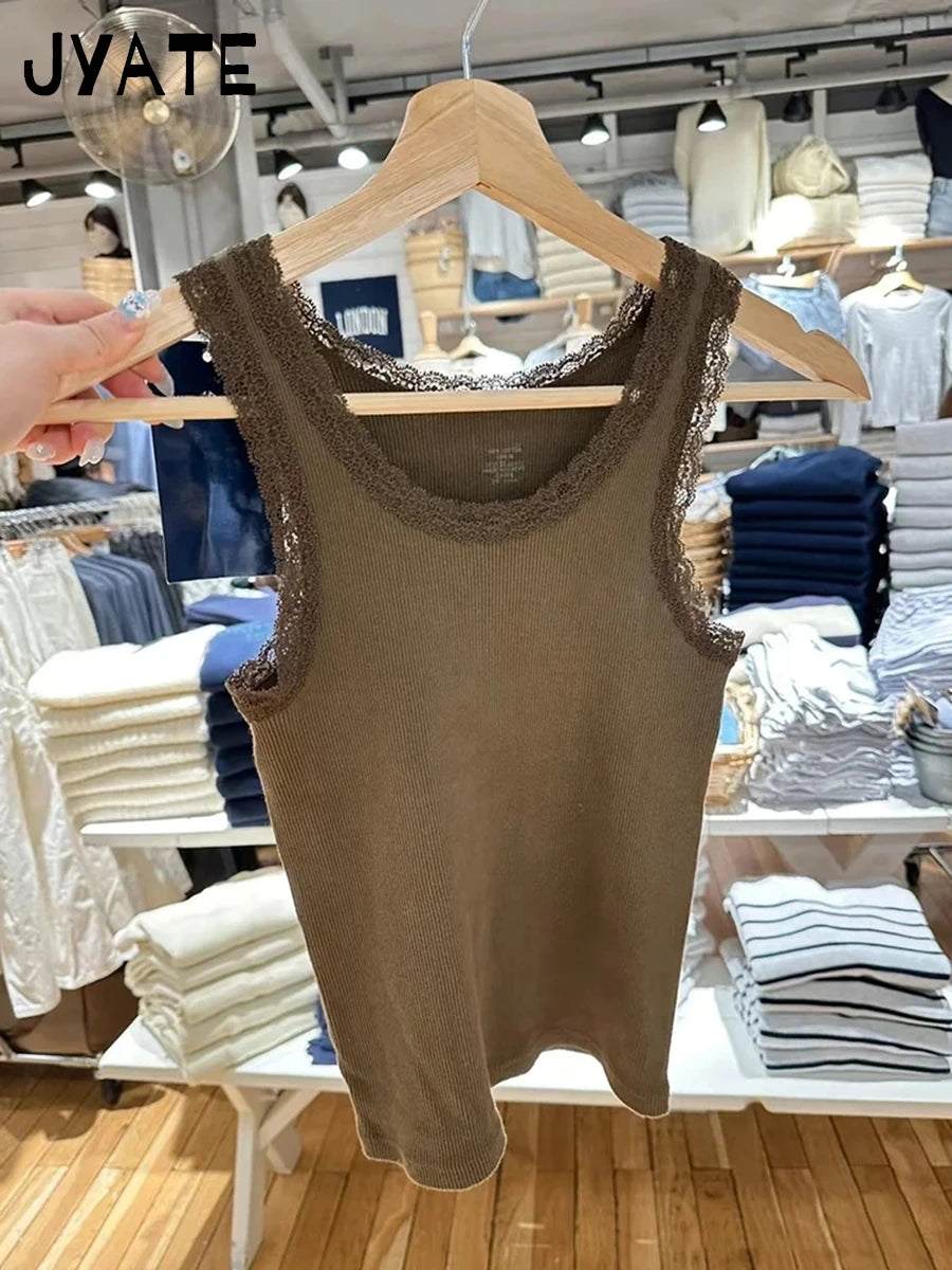 New Sweet Blue Lace Trim Tank Tops Women Summer Cotton Slim Sexy Simple Sleeveless Vests Harajuku Vintage Cute Camis Y2K Clothes