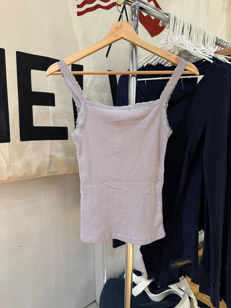 Sweet Purple Lace Trim Ribbed Camis Women New Cotton Buttons Slim Sleeveless Vests Basic Preppy Style Cute Cropped Tank Tops Y2K