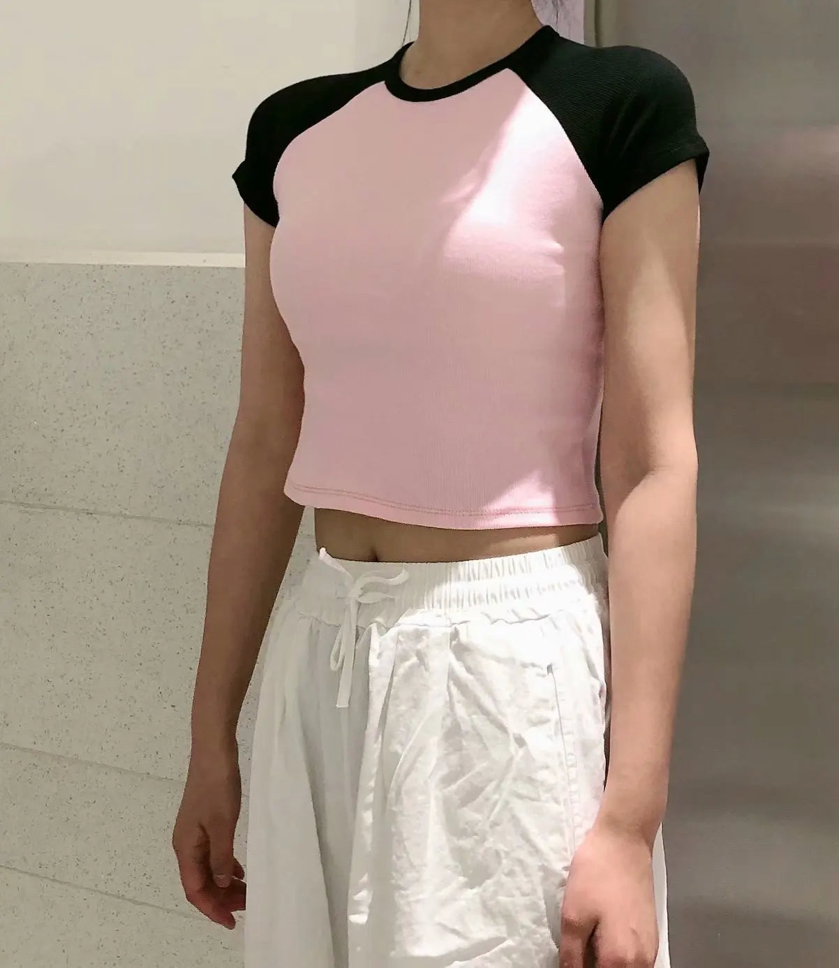 Vintage Brown Patchwork Ribbed Crop Tops Female Summer Cotton O-neck Slim Casual Short Sleeve Tee Harajuku Sweet Chic T-shirts