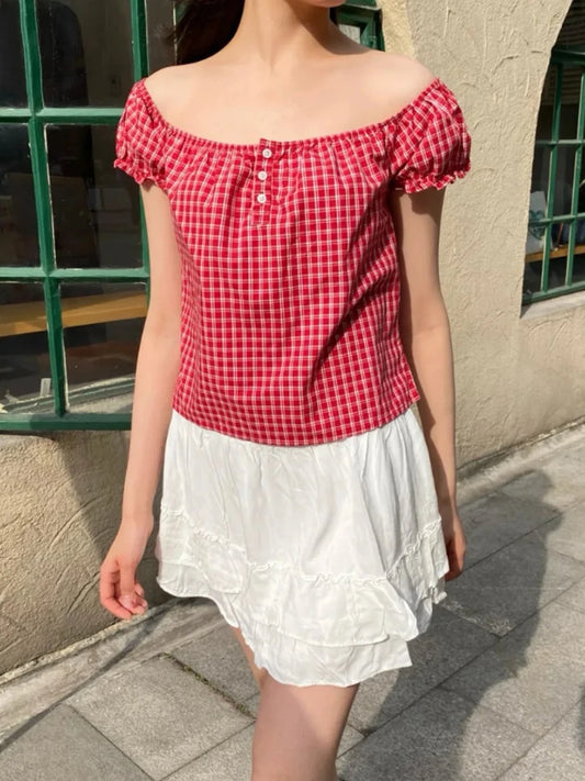 Red Plaid Ruffle Lace-up Cotton Short Sleeve Tees Women Casual Streetwear Button Tops Female Vintage Sweet Cute Y2K T-shirts
