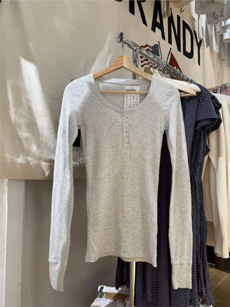 Waffle Button Gray Long Sleeve Tee Women Autumn Cotton Buttons Slim TShirt Zelly Tops Shoujo Clothes Simple Basic Sweet T-shirts