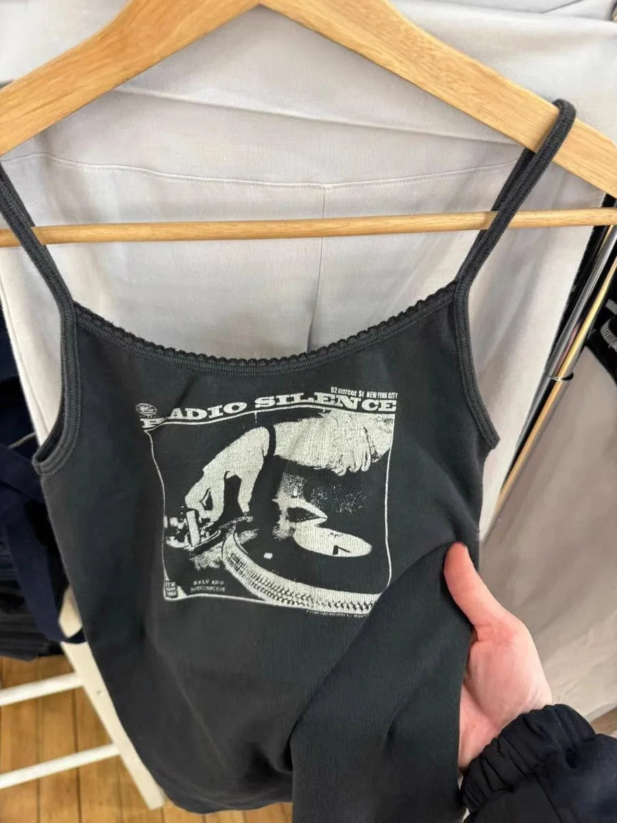 Vintage Radio Print Slim Tank Tops Women Summer New Cotton Casual Lace Trim Sleeveless Vests Harajuku Streetwear Camisole Y2K