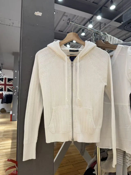 American-style new white double-zip hooded knitted cardigan for women, slim fit, ribbed sweater, casual jacket