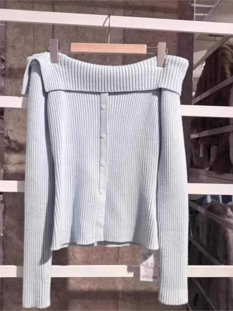 Off-the-shoulder Knitted Sweater Women Spring Streetwear Sexy Button Jumper Blue Sweet Preppy Style Sweaters Y2K