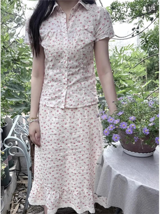 Rose Floral High Waist A-line Skirt Women Summer New Streetwear Casual Preppy Style  Mini Skirts Sweet Cute Vintage Falas