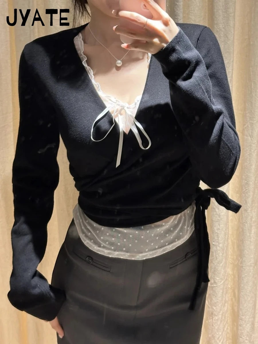 Blue Lace-up Knitted Mohair Sweater Cardigan Women Solid V-neck Cute Long Sleeve Sweaters Sweet Vintage Knitwear Y2K Crop Tops