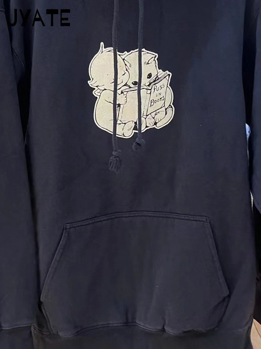Harajuku Angel Cats Print Hoodies Women Pockets Cotton Soft Casual Streetwear Pullover Tops Vintage Loose Sweet Y2K Sweatshirts