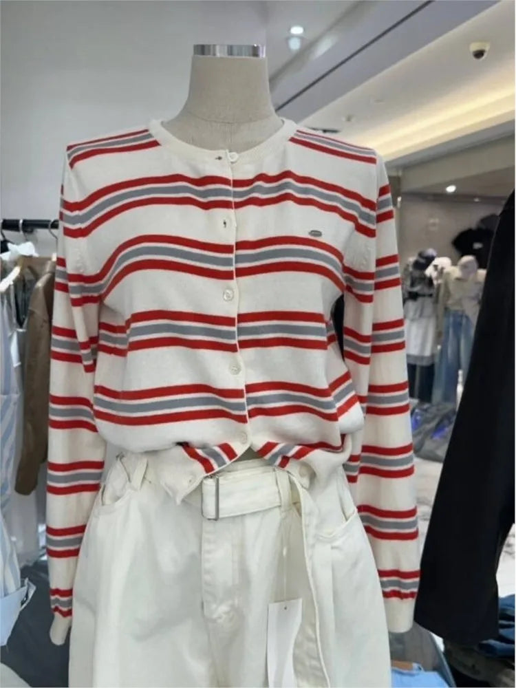 Classic Striped Knitted Cardigan Women's Autumn Round Neck Cotton Soft Design Button Sweater Vintage Sweet Preppy Style Sweaters