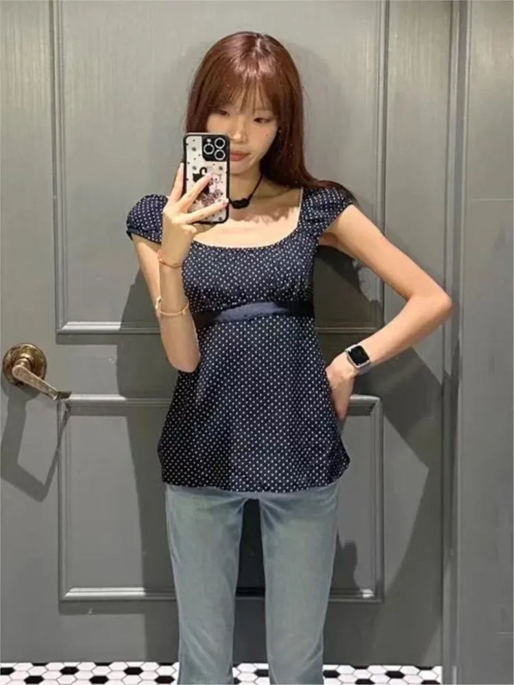 Polka Dot Navy Lace-up T-shirts Women Summer New Casual Slim Square Collar Tee Tops Female Vintage Preppy Style Chic T-shirt Y2K