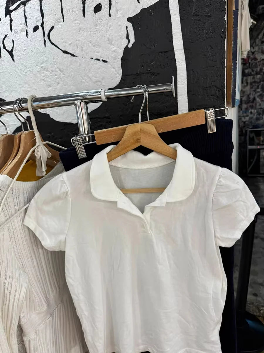Cute White Polo T-shirt Women Summer New Strweetwear Cotton Turn Down Collar Short Sleeve Tees Sweet Preppy Style T Shirt Spring