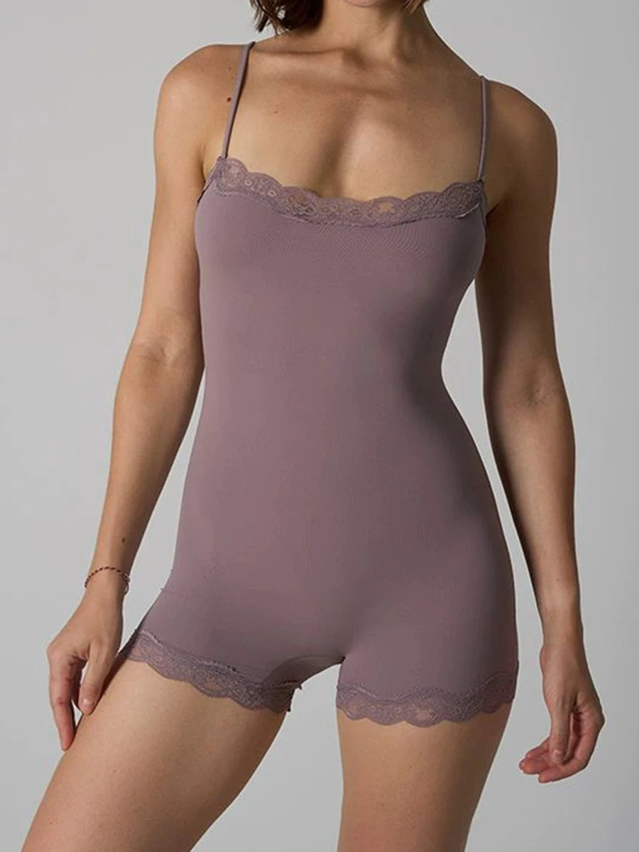 Cute Lace Trim Slim Yoga Playsuits Women Chic High Elasticity Adjustable Strap Skinny Bodysuit Sweet Pink Smooth One-piece Tops