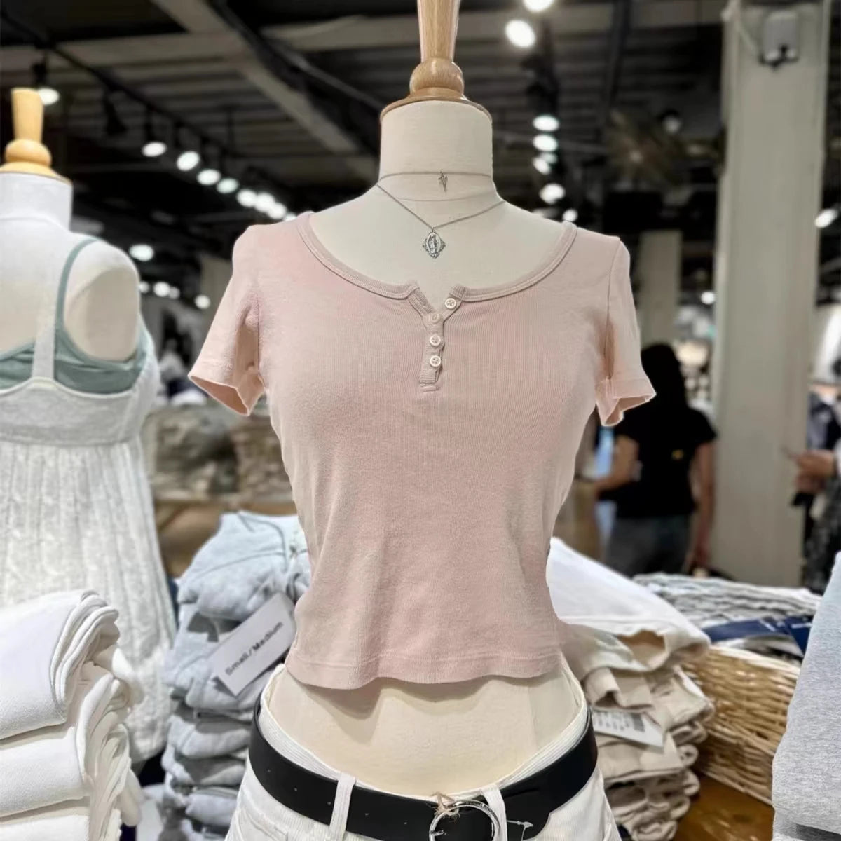 Blue Three Buttons Slim Crop Top Women Casual O-neck Cotton Short Sleeve T Shirt Grils Vintage Sweet Preppy Style Basic T-shirts