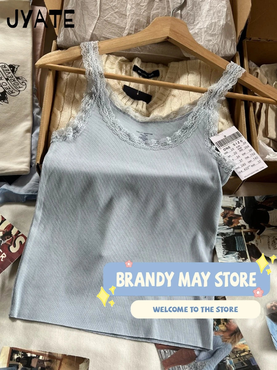 Fashion Blue Lace Trim Slim Cropped Vests Women New Cotton Casual Sexy Basic Sleeveless Tank Tops Sweet Cute Simple Camisole Y2K