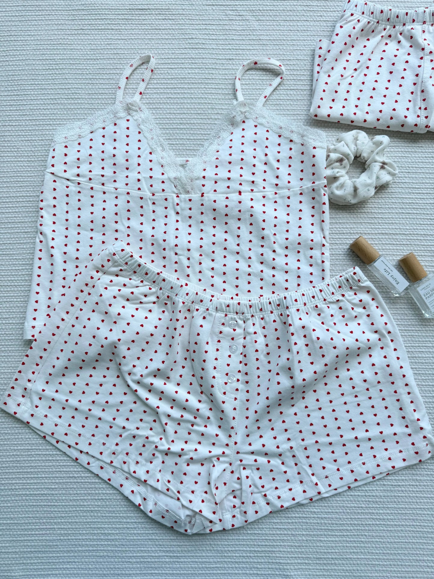 Red Heart Print 2 piece Sets Women Summer Cotton Lace Trim V-neck Camisole+Short Pants Sweet Home Short Outfits Y2K Clothes New