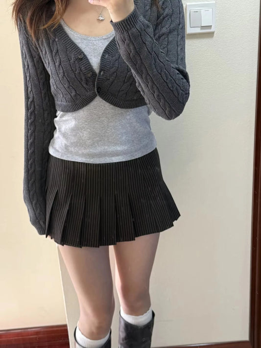 Striped Sexy Low Waist Skirts Women Spring Coffee Aesthetic Chic Button Mini Skirt Sweet Retro Cute Preppy Style Faldas Y2K