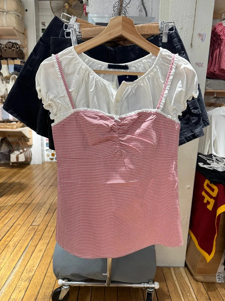 Vintage Plaid Lace Trim Slim Tank Tops Woman Summer Bow Folds Strapless Camisole Female Casual Sweet Preppy Style Vest Y2K Top