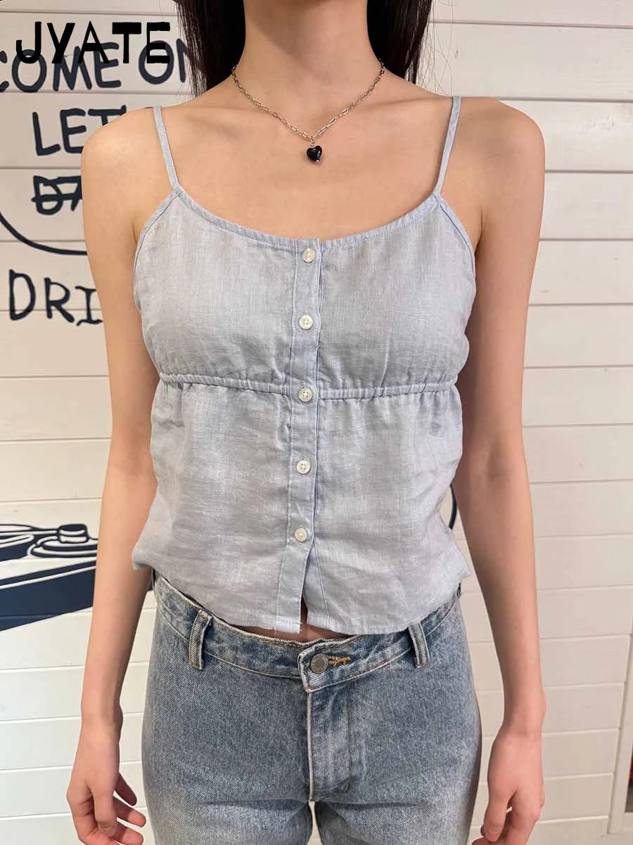 Vintage Single Breasted Cotton Tank Tops Women Elastic Waist Casual Preppy Style Sleeveless Vests Sweet Cute Streetwear Camisole