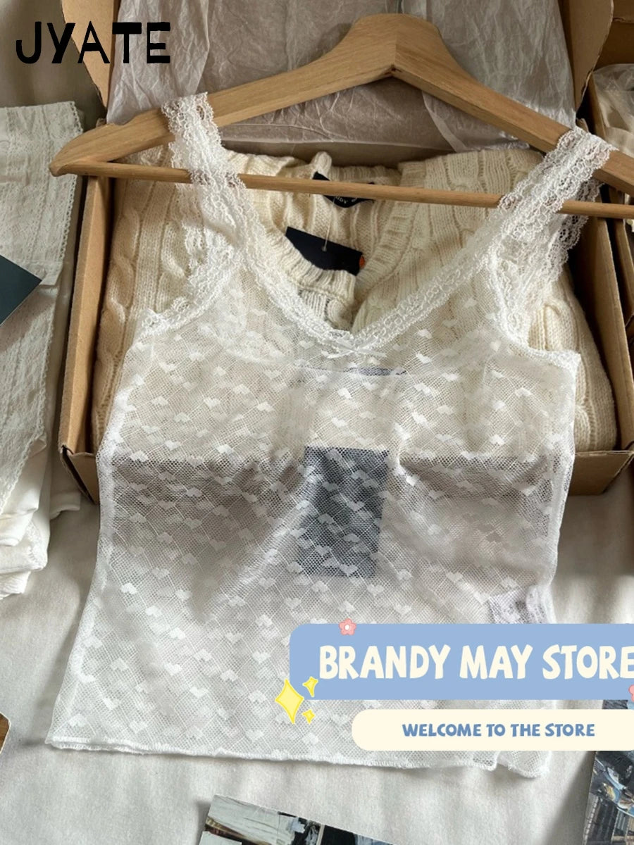 Harajuku Hearts Jacquard Sexy Sheer Crop Tops Women Casual Slim Thin Lace Trim Sleeveless Vests Vintage Chic Mesh Camisole Y2K
