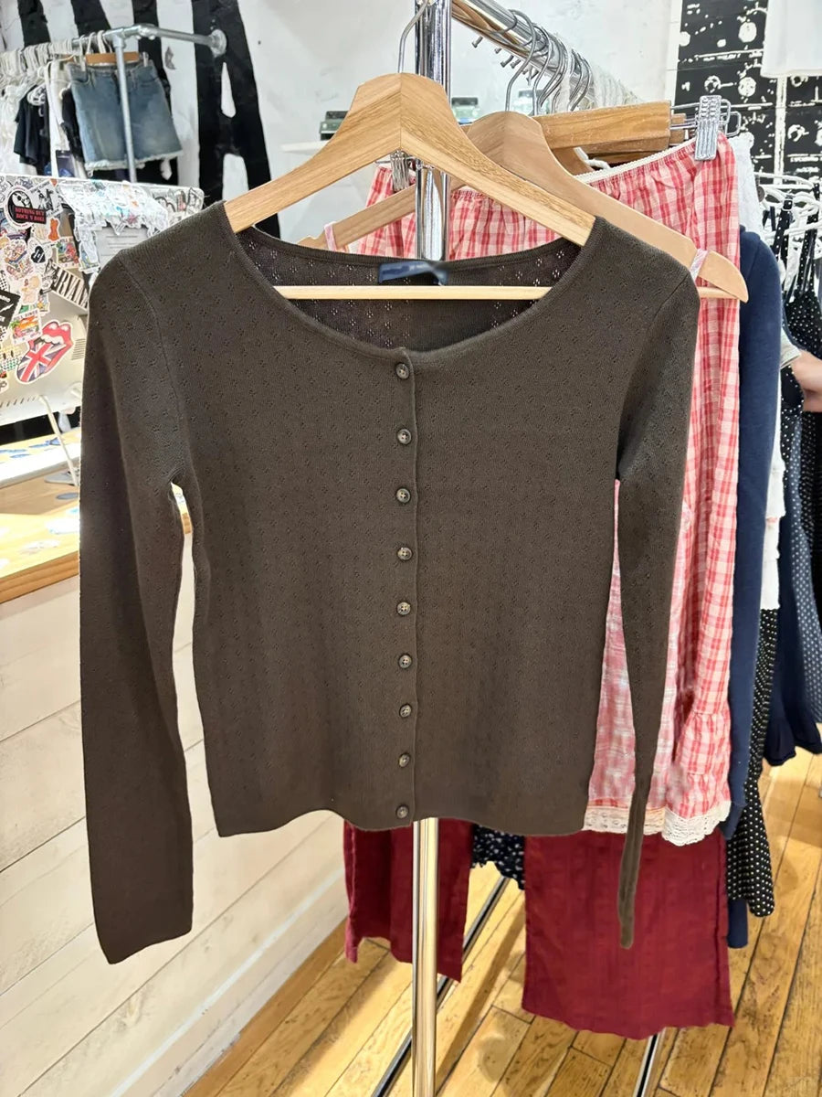 Yellow Eyelet Knitted Cardigan Tops Women Autumn New Casual Cotton Long Sleeve Sweater Sweet Cute Preppy Style T-shirts Coat