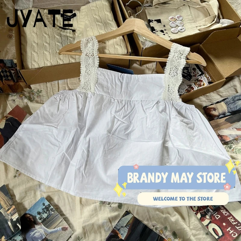 Sweet Buttons Lace Hollow Out Sleeve Camisole Women Summer New Simple Square Collar Sleeveless Vests Vintage Chic Cute Tank Tops