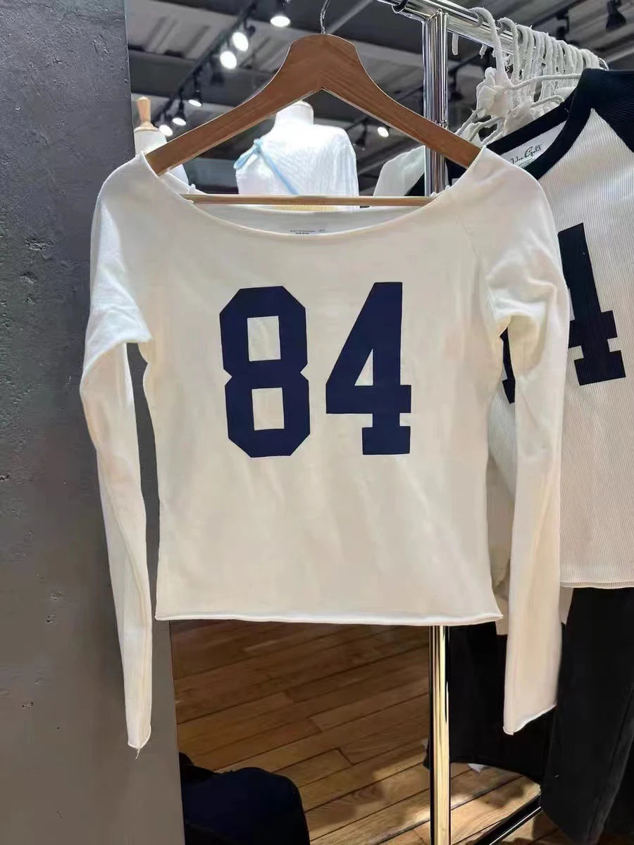 Fashion 84 Print Slim Long Sleeve Tees Women 2024 Simple Casual Raw Hem Slash Neck Tops Female Vintage Chic Sweet T-shirts Y2K
