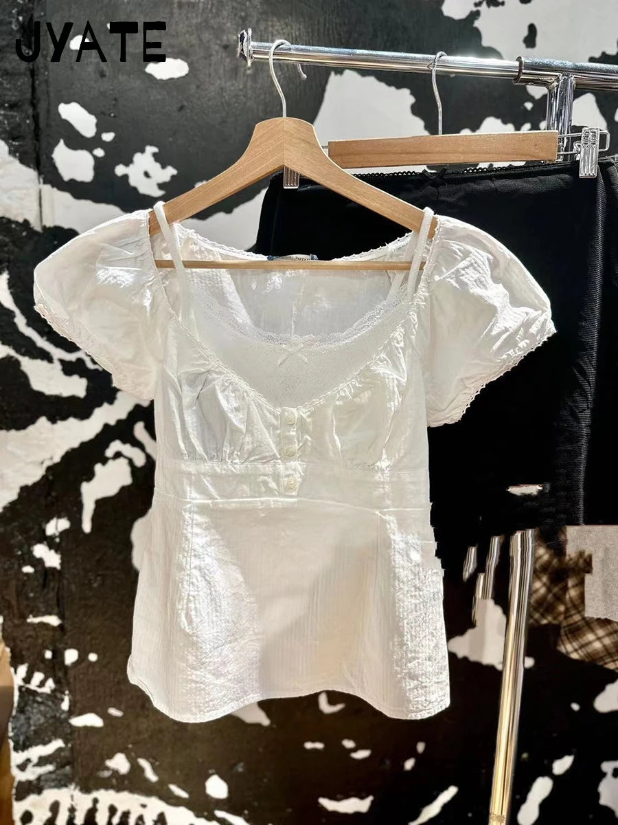 Vintage Gray Plaid Short Puff Sleeve Tee Women Three Button Square Neck Lace Trim T-Shirt Blouse Sweet Cute Retro Crop Tops New