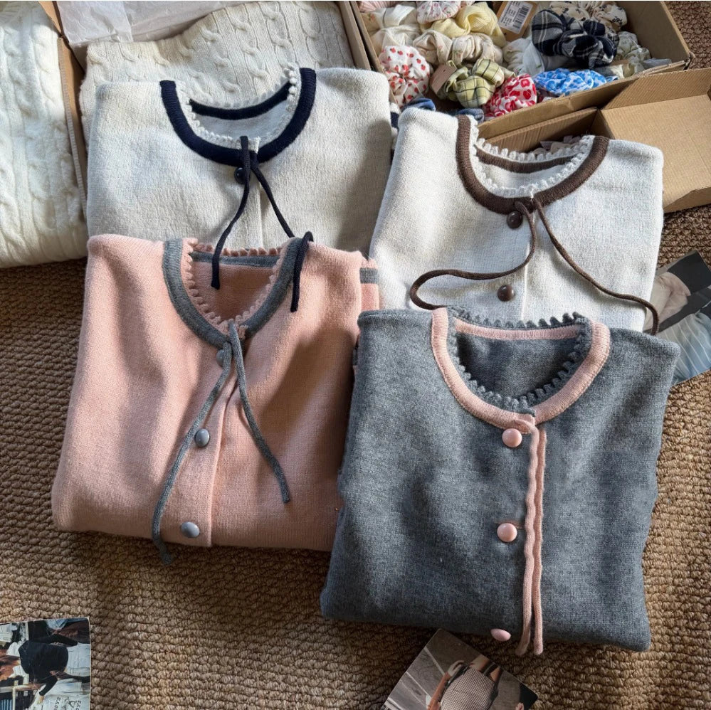 Retro Pattern Loose Knitted Cardigan Women Spring New Casual Versatile Korean Style Long Sleeve Top Sweet Chic Simple Sweater