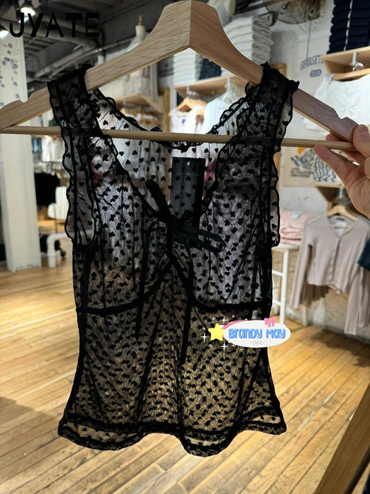 Hearts Mesh Thin Lace-up Tank Tops Women 2024 New Jacquard Transparent Sexy Slim V-neck Vests Vintage Sweet Bow Chic Camis Y2K