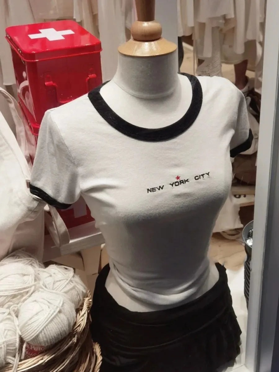 Fashion Apricot Patchwork T-shirts Women Summer New Streetwear Cotton O-neck Short Sleeve Tees Female Preppy Style Chic OOTD Top