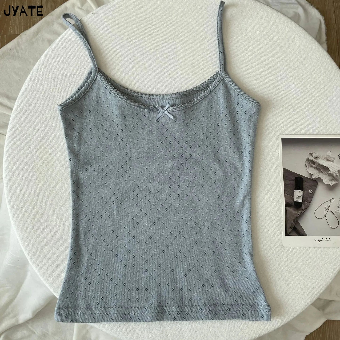 Lace Trim Floral Eyelet Tank Tops Women New Summer Cotton Bow Slim Preppy Style Cropped Vests Sweet Vintage Chic Camisole Y2K