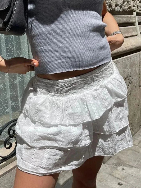 Sweet White Hollow Out A-line Short Faldas Women New Cotton Casual Elastic High Waist Mini Skirts Cute Vintage Balletcore Skirts