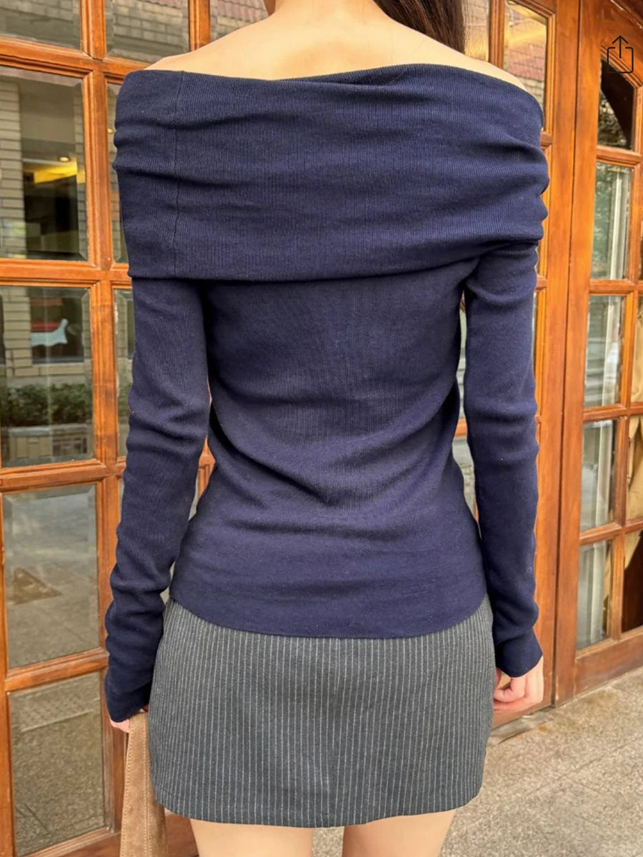 Navy Knit Slim Long Sleeve T-shirts Women New Sexy Slash Neck Simple Casual Cotton Tees Femme Vintage Preppy Style T Shirt Y2K