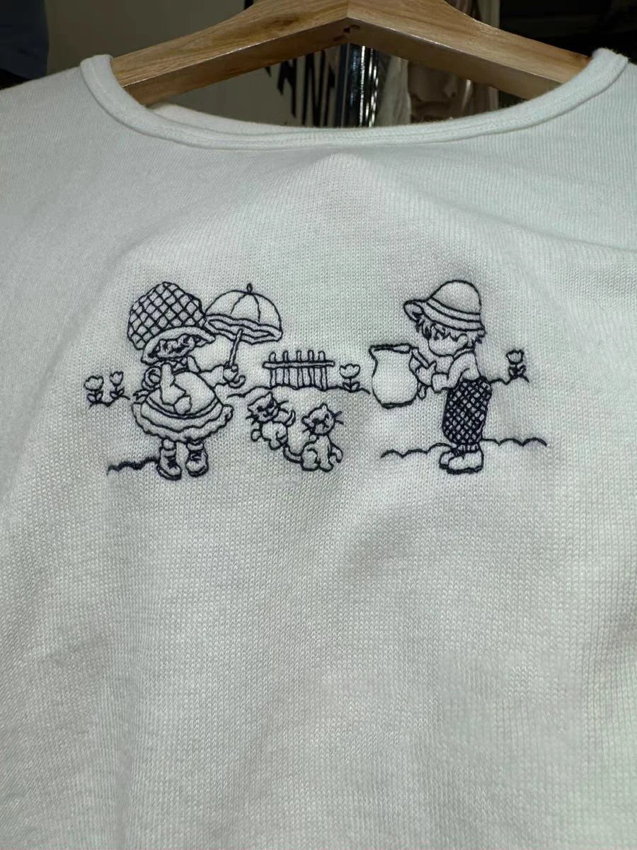 Girls and Cats Embroidery Slim T-shirt Women Summer Cotton Round Neck Short Sleeve Tees Sweet Preppy Style Cute Top Y2k T shirts