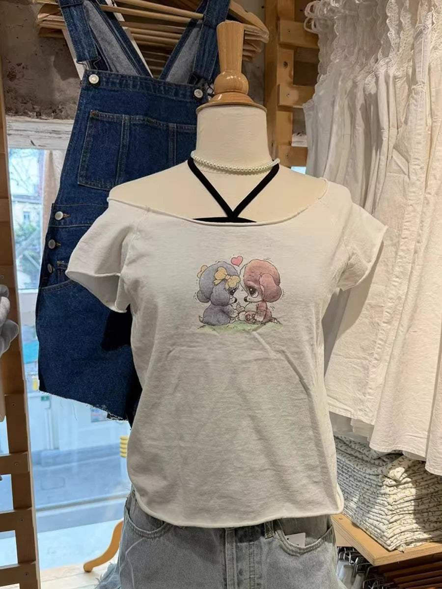 Retro Raw Hem Slash Neck Crop Top Women Simple Letter Print Slim Cotton Short Sleeve Tee Vintage Sweet Preppy Style Tshirt Y2K