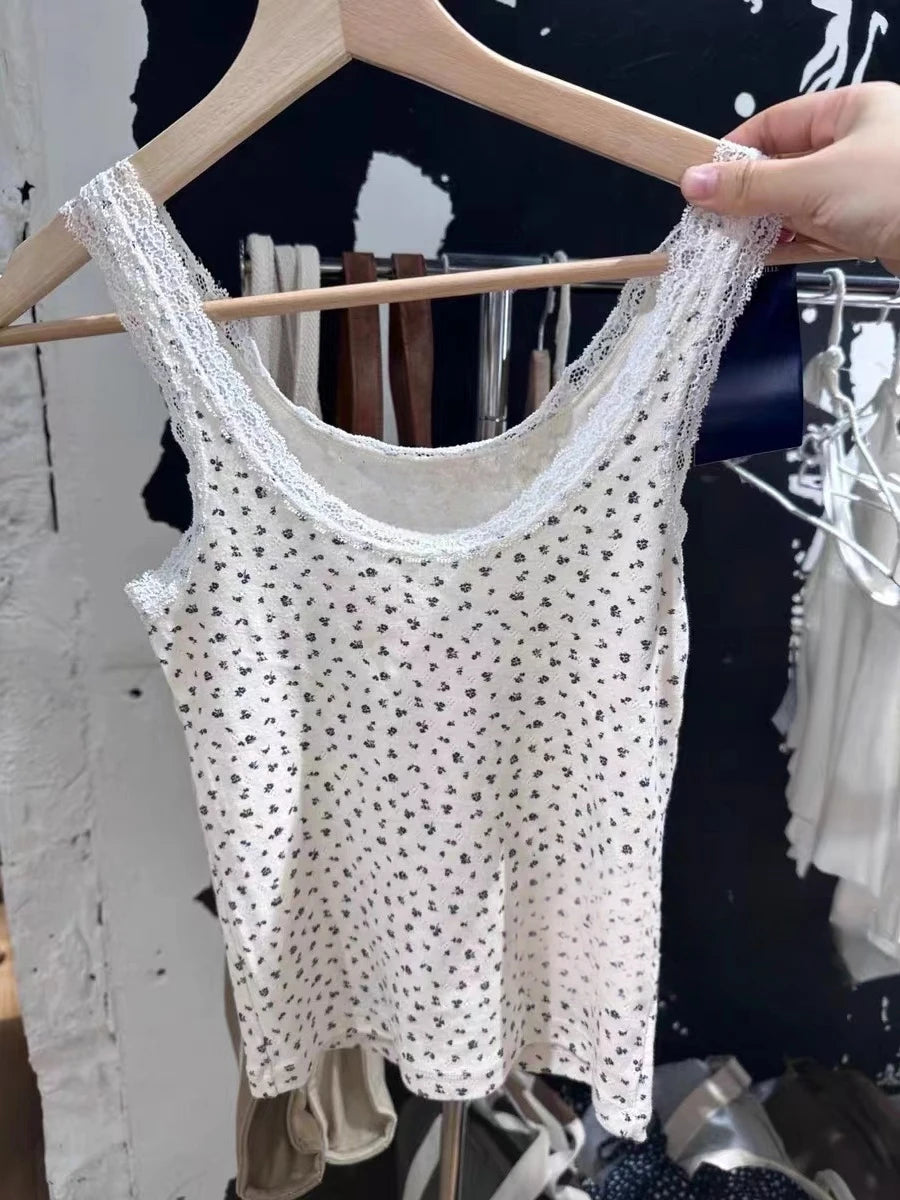 New Sweet Blue Lace Trim Tank Tops Women Summer Cotton Slim Sexy Simple Sleeveless Vests Harajuku Vintage Cute Camis Y2K Clothes