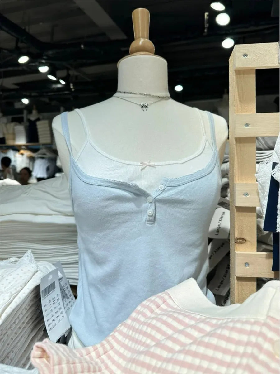 Red Polka Dot Two Button Cotton Tank Top Women New Casual Slim Sexy Lace Trim Cropped Vests Female Vintage Simple Chic Camis Y2K
