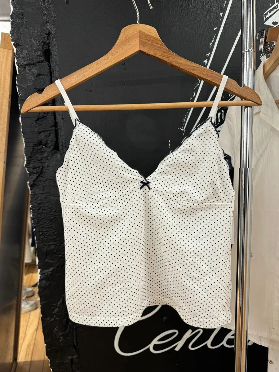 Red Bow Fungus Trim Bow Tank Tops Women New Cute Casual Cotton Slim V-neck Sleeveless Camis Girl Sweet Preppy Style Y2K Crop Top
