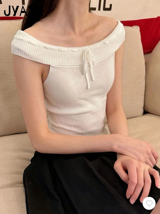 Sweet White Lace-up Knitted Slim Cropped T-shirts Women Cotton Slash Neck Preppy Style Tees Vintage Chic Casual Crop Tops Y2K