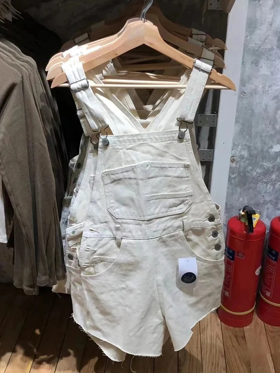 Vintage Navy Raw Hem Denim Overalls Women Summer Casual High Waist Pockets Straight Short Pants Streetwear Preppy Style Shorts