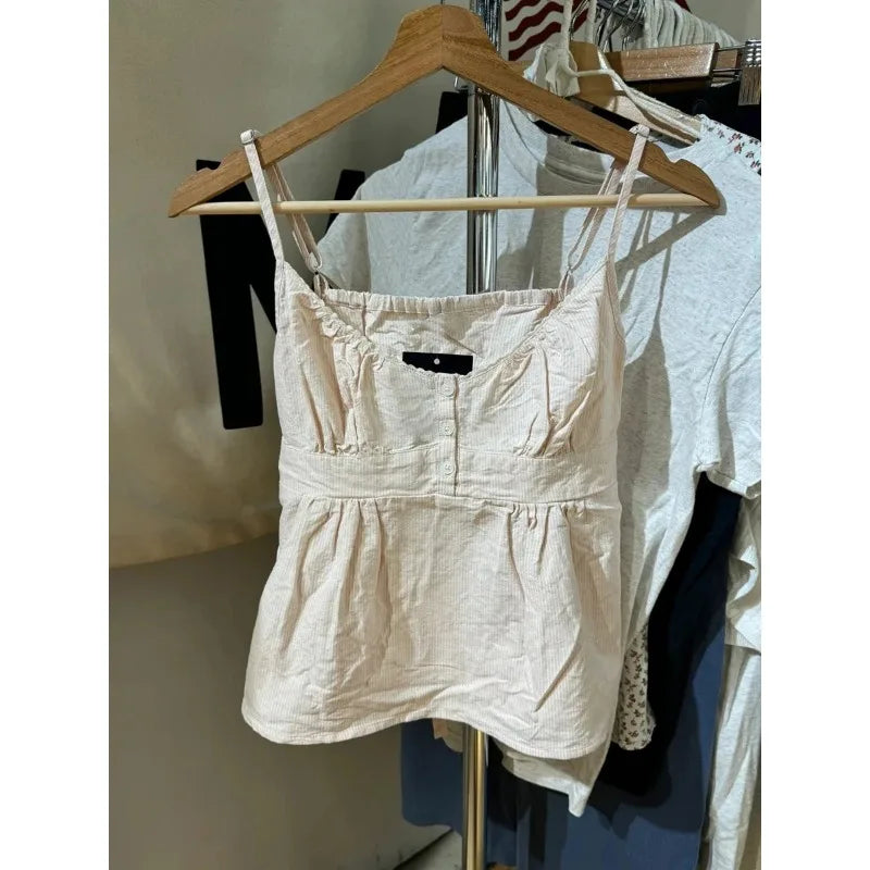 Sweet Pink Stripe Lace-up Tank Top Women Lace Trim Buttons V-neck Cotton Camis Summer Vintage Streetwear Sleeveless Crop Top Y2K