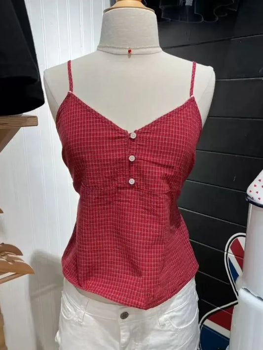 Red Plaid Buttons V-neck Camis Women Summer Casual Lace Trim Slim Simple Sleeveless Vests Vintage Sweet Preppy Style Tank Tops