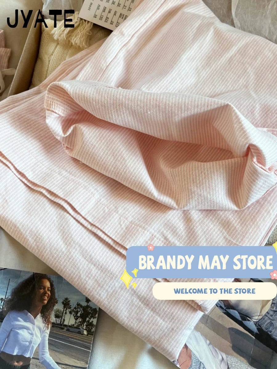 New Pink Striped Drawstring Long Pants Women Cotton Casual High Waist Simple Wide Leg Pant Vintage Loose Streetwear Chic Trouser