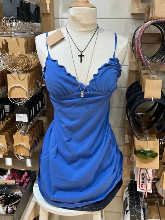 Electric Blue Ruffle Dress Women Summer Casual Slim V-neck Cotton Dresses Sweet Preppy Style Sleeveless Vestidos Y2K