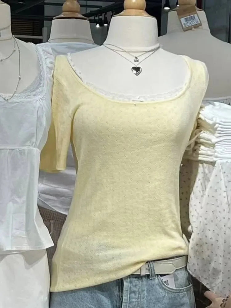 Yellow Eyelet Short Sleeve Tees Women Summer New Cotton Soft Casual Simple Square Collar T-shirts Preppy Style Sweet Cute Tops