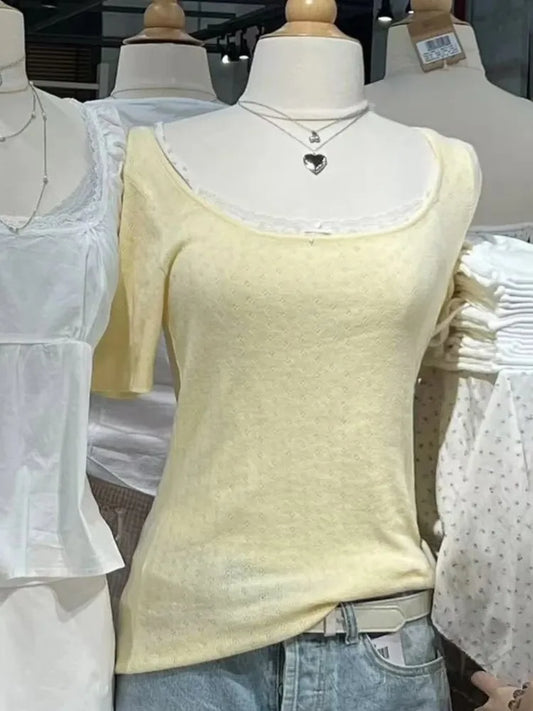 Yellow Eyelet Short Sleeve Tees Women Summer New Cotton Soft Casual Simple Square Collar T-shirts Preppy Style Sweet Cute Tops