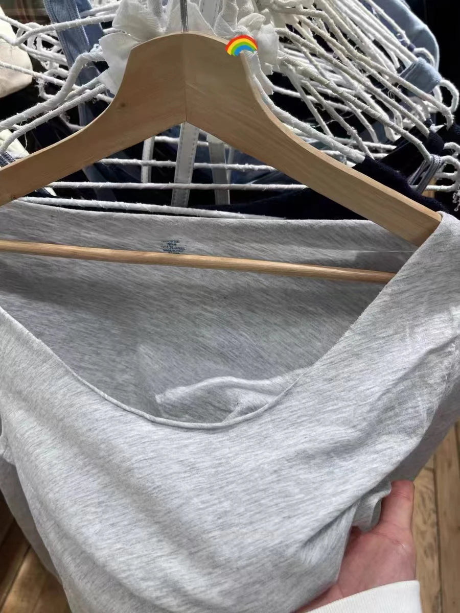Solid Simple Thin Cotton Long Sleeve T-shirts Women Autumn Sexy Scoop Neck Raw Trim Slim T Shirt Vintage Sweet Basic Tees Y2k