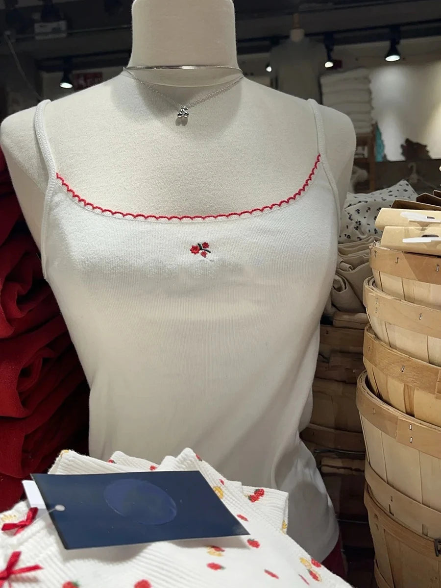 Lace Trim Red Floral Embroidery Crop Top Women White Cotton Slim Sleeveless Camisole Sweet Girls Cute Tank Tops Y2K Clothes New