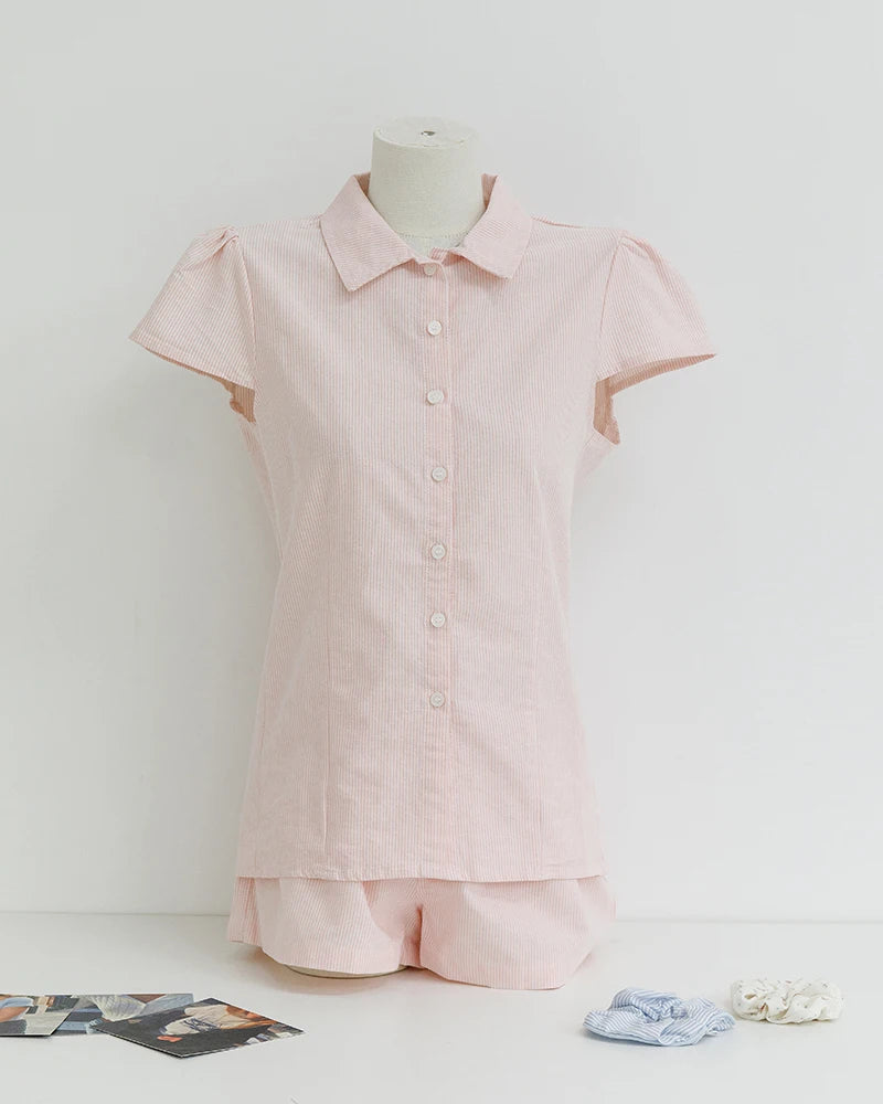 Pink Buttons Blouse T-shirt Short Sets Women Slim Short Sleeve Tees+Straight Sweatshorts Sweet Cute Home Pajama 2 Piece Outfits