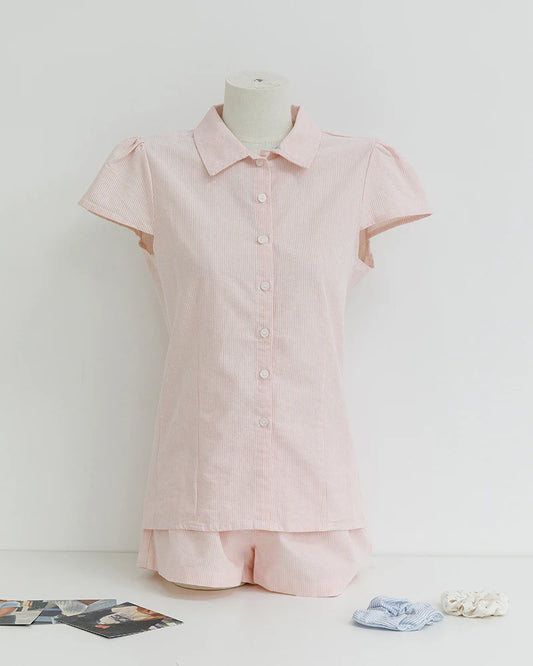 Pink Buttons Blouse T-shirt Short Sets Women Slim Short Sleeve Tees+Straight Sweatshorts Sweet Cute Home Pajama 2 Piece Outfits